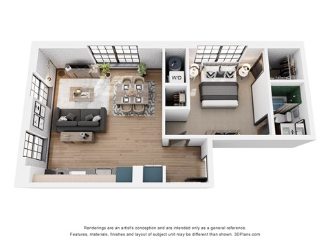 A 3D floor plan of a small apartment with a living room, kitchen, and bedroom.